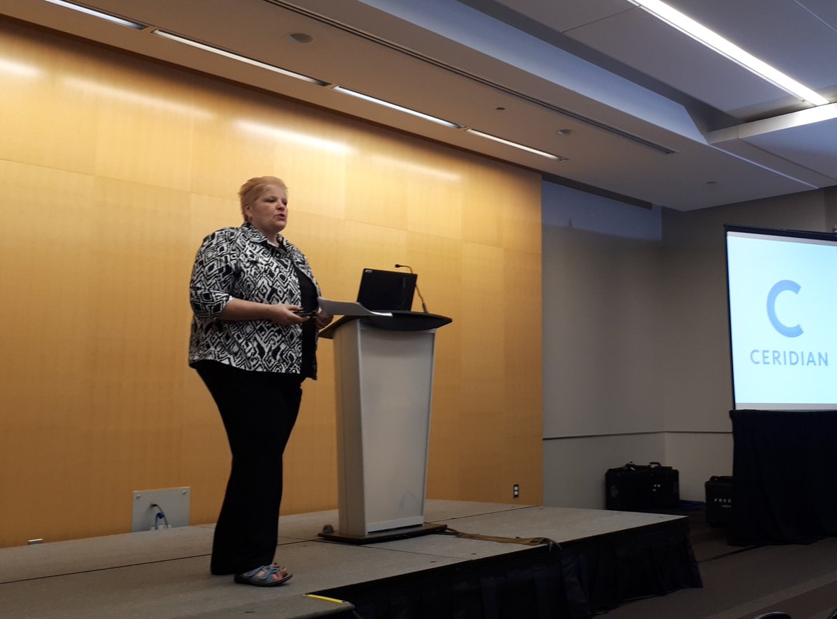 Ceridian's tweet photo. .@Ceridian's Lucy Zambon, Sr. Implementation Consultant, presented on the 'Future of Work, Consumerizing the Employee Experience' at the @cdnpayroll conference: "Adoption of consumer tech is changing the expectations of the entire workforce, regardless of age." #PayrollRocks https://t.co/8mX0j1AupT