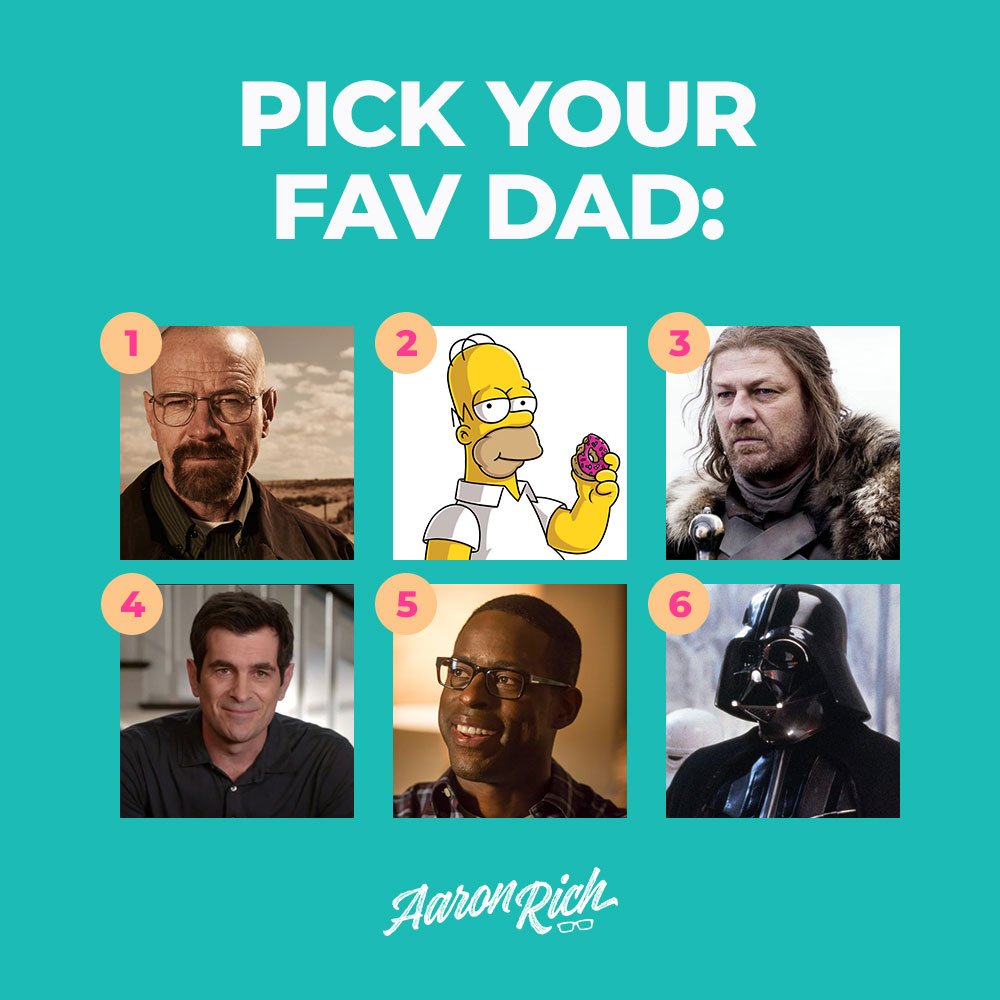 AaronRichMktg's tweet photo. In honor of #FathersDay this Sunday, comment with your favorite Dad!
•
•
•
•
•
#aaronrichmarketing #graphicdesign #websitedesign #socialmedia #seo #panamacityfl #digitalmarketing 
#walterwhite #homersimpson #nedstark #phildunphey #randallpearson #darthvader #favoritedad https://t.co/lcmoEig4uY