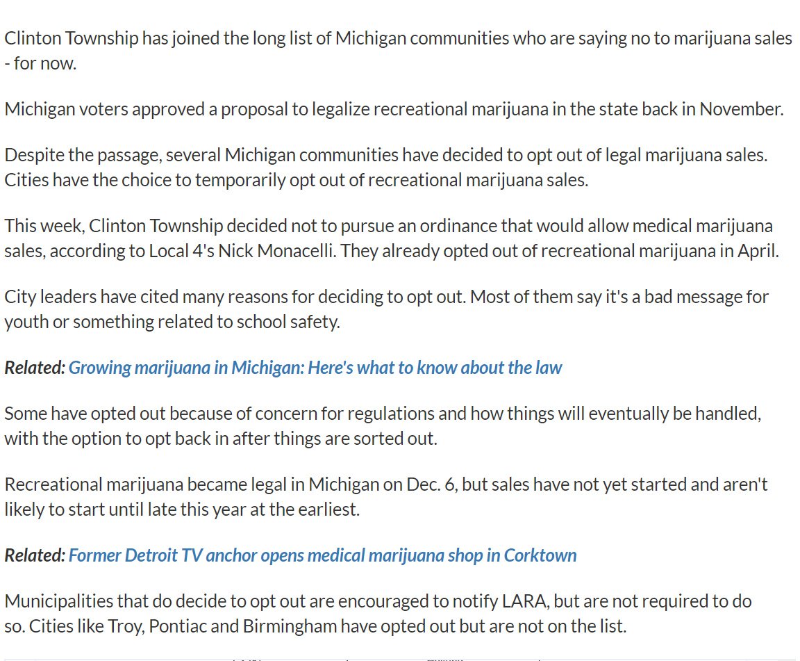 HunterGreenCG's tweet photo. "Clinton Township joins growing list of communities opting out of marijuana sales"
https://t.co/pFN26WZTp2
.
.
.
.
#cannabis  #cannabisindustry  #cannabislaw  #marijuana  #medicalmarijuana  #cannabiscommunity  #cannabisculture  #MichiganMarijuana  #MichiganCannabis  #mmmp https://t.co/ei8Ft1VCUw