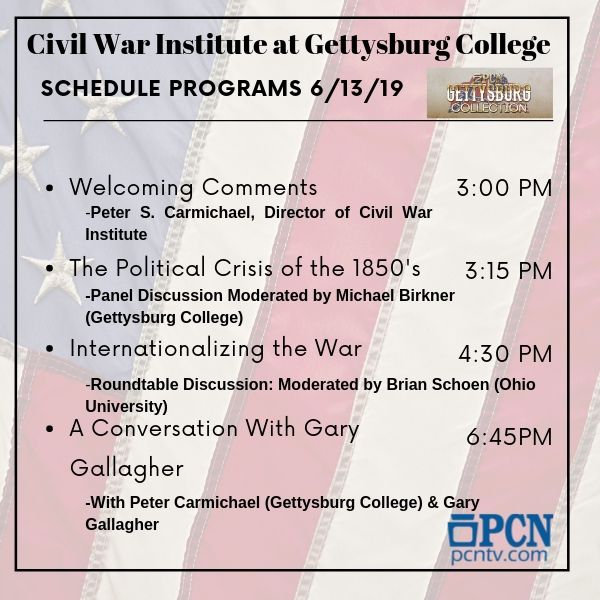 Watch the Civil War Institute at Gettysburg College <a href="/CWI_GC/">Civil War Institute</a> today with PCN Select Streaming Service. The Welcoming Comments start at 3 PM! You don't want to miss it. 

For more details visit pcntv.com and gettysburg.edu/cwi/