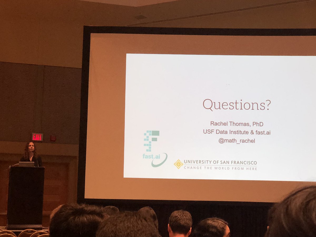 Inspiring talk by Rachel Thomas <a href="/math_rachel/">Rachel Thomas</a>, co-founder of fast.ai: innovation comes from doing things differently, not bigger. So using transfer learning, smart defaults for hyperparameters, progressive resizing can all perform as well as using tons of GPU power