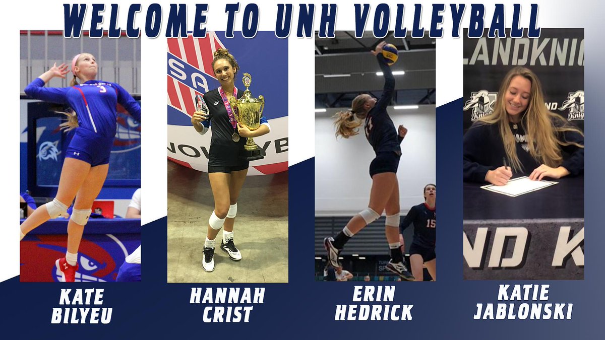 UNHVOLLEYBALL's tweet photo. More exciting news out of Durham today! Help us welcome Kate Bilyeu, Hannah Crist, Erin Hedrick and Katie Jablonski to our Wildcat family! #603Cats #UNHVB #AEVB

https://t.co/cmimQfQKsP https://t.co/W71l1kmSA2
