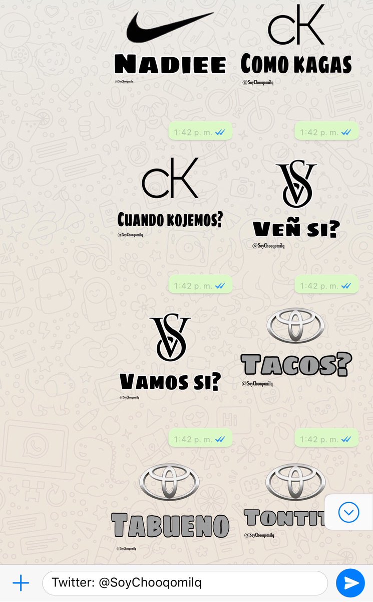 SoyChooqomilq's tweet photo. NUEVOS STICKERS!!❤️🙈
Con #frases de #Marcas para #whatsapp segunda parte. 🔥🔥🔥

#rt y #fav para pasarlos por los grupos. 🥰
#stickers #stickerswhatsapp #whatsappgroup #FelizViernesATodos https://t.co/JXjgt3LBiI