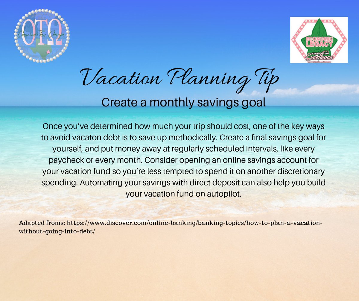OmicronTauOmega's tweet photo. As we continue with our vacation planning tips for the month of June...here’s your #FinancialFriday tip of the week! #AKA1908 #ExemplifyingExcellence #OmicronTauOmega #ΟΤΩ #SpringAKAs #SpringForExcellence #TargetIII #BuildingYourEconomicLegacy https://t.co/jDALefqdjp