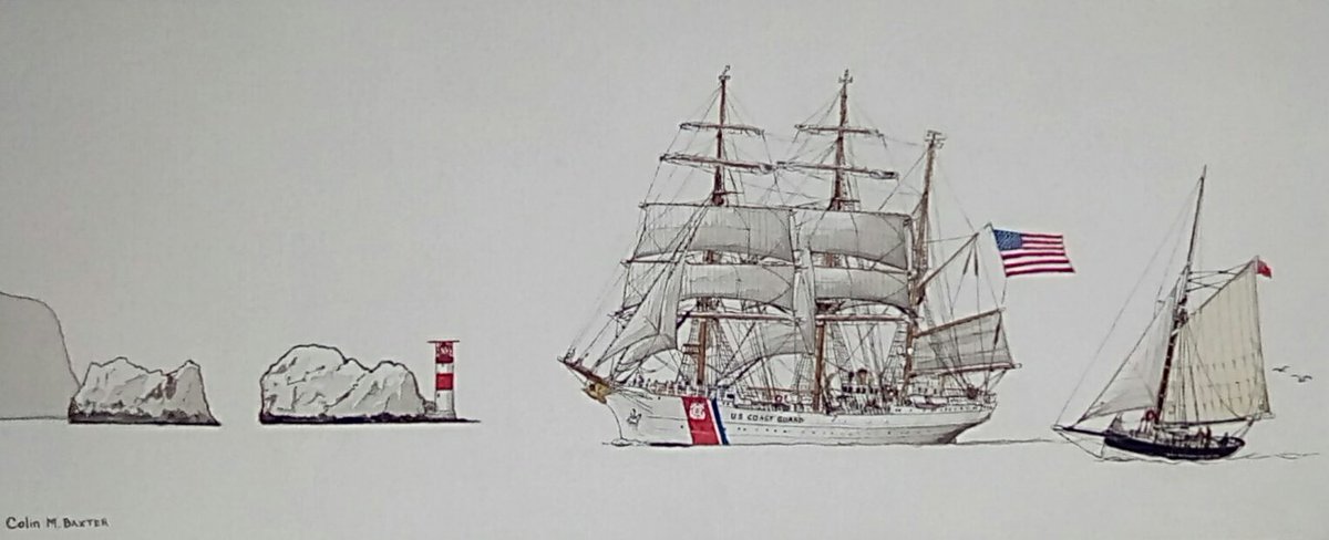ColinMBaxter's tweet photo. New #Acrylic #painting . The #UscgEagle arriving in the #Solent passing the #Neeles #Lighthouse. My #Gallery @RCYard @moreGosport @gosport_nci @TallShipsRaces @USCG @Artist_Artlover @localartforsale https://t.co/jjIR8SAqPS