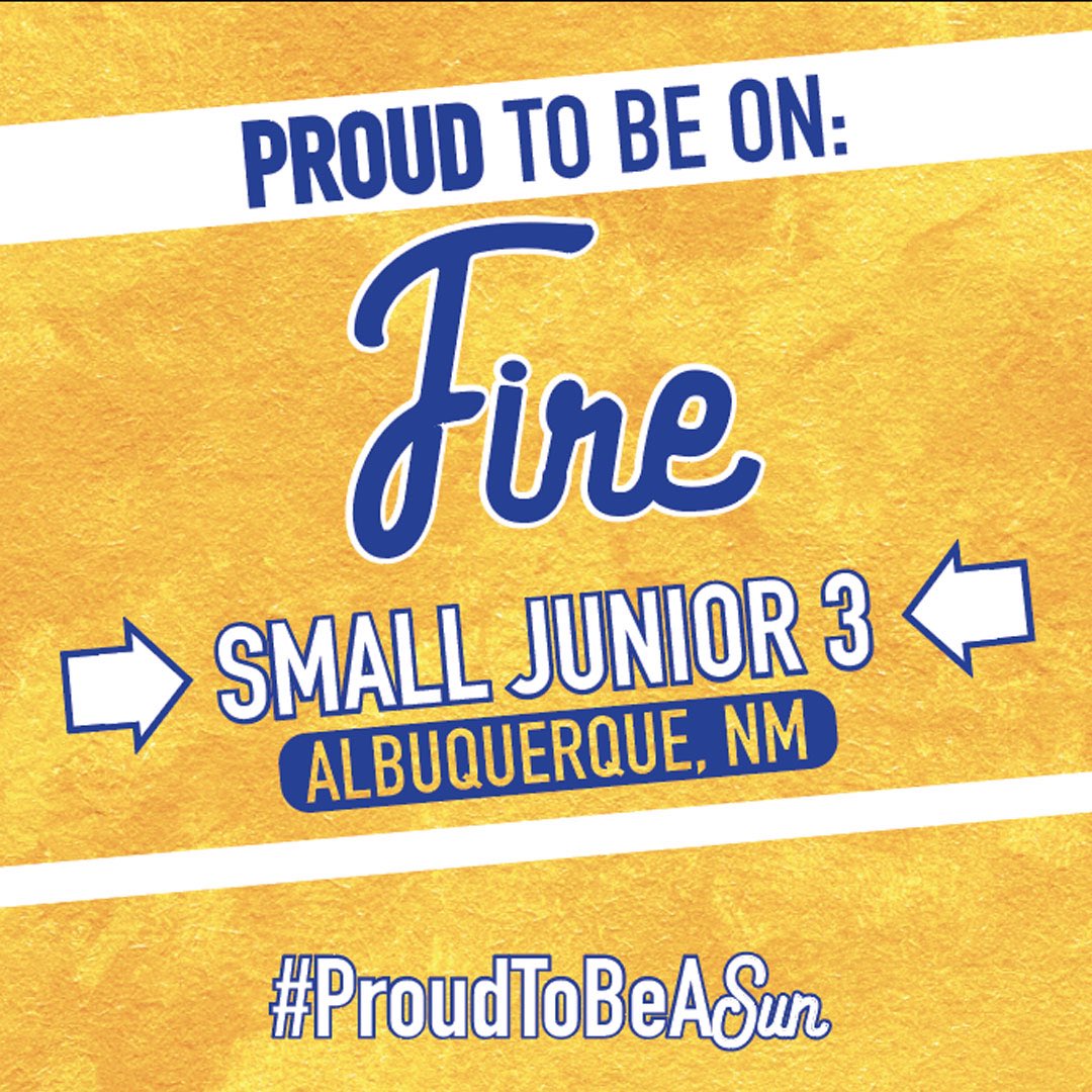 ca_denverco's tweet photo. Sound the alarms 🚨! We’re about to get FIRE(d) up for Season 19 in NEW MEXICO! Say hello to this Small Junior 3 team! 🔥 

Shout it out, FIRE: #ProudtobeaSUN! https://t.co/2gXlpKNAON