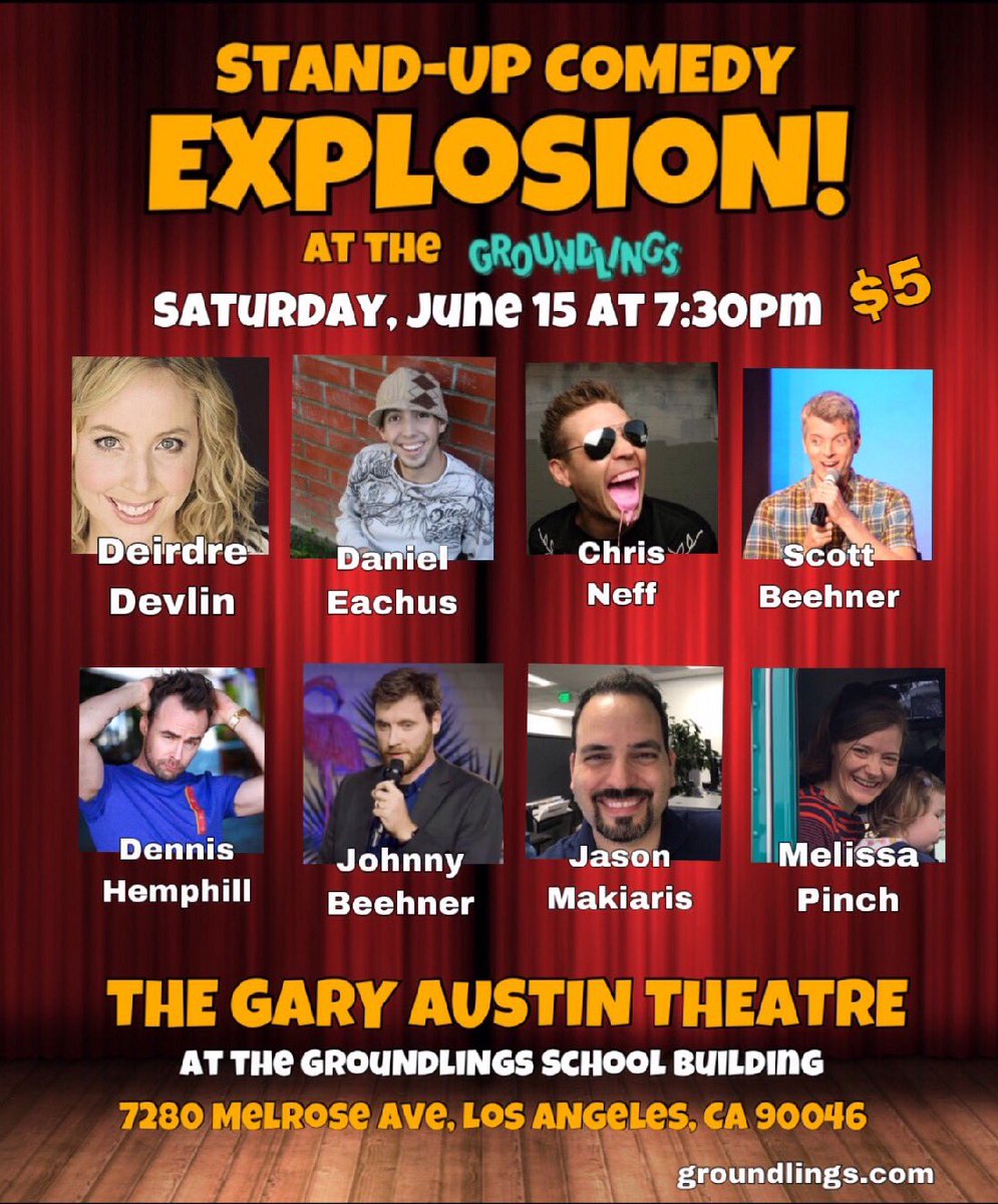 #standupcomedy <a href="/groundlings/">The Groundlings</a> <a href="/DanEachus/">Daniel Eachus</a> <a href="/Deirdre_Devlin/">Deirdre Devlin</a> <a href="/scottbeehner/">Scott Beehner</a> <a href="/johnnycomic/">Johnny Beehner</a> <a href="/dennishemphill/">Dennis Hemphill</a>