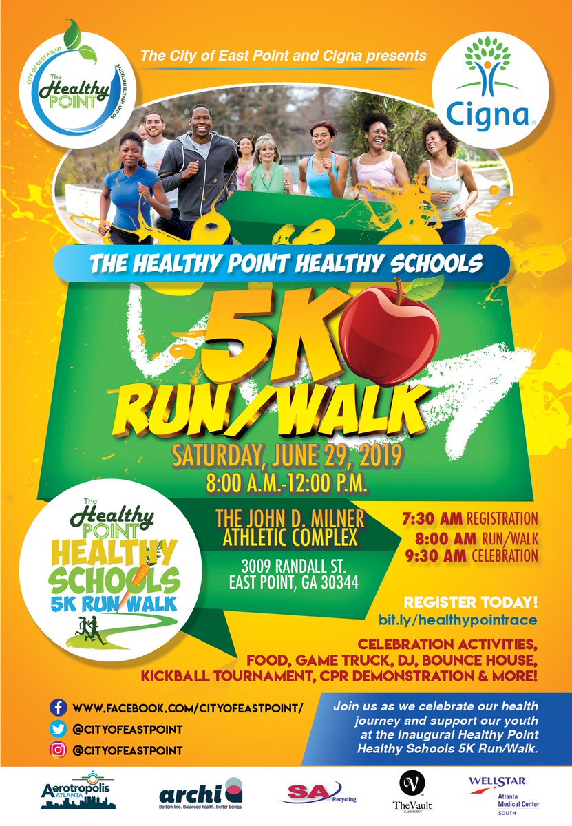 cityofeastpoint's tweet photo. Have you registered for the inaugural "Healthy Point Healthy Schools" 5K Run/Walk? Come out to support East Point youth! Visit https://t.co/uq4yptBWHm to register. Submit your kickball teams to swiggins@eastpointcity.org #TheHealthyPoint https://t.co/v1LF2ChDaE