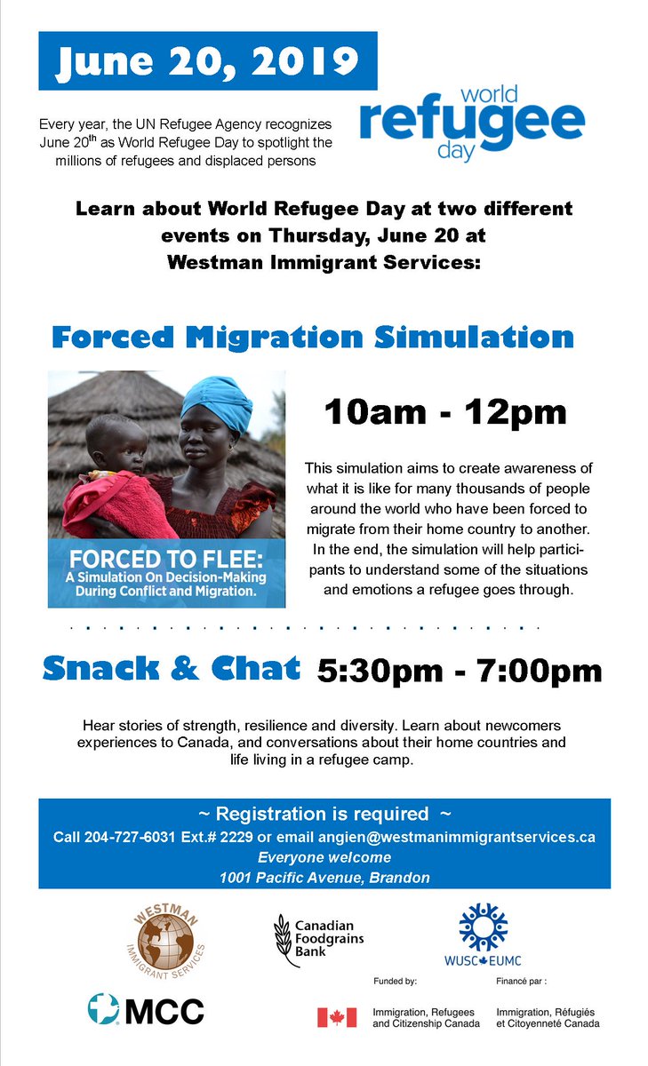 Westman Immigrant Services is putting on two free events for #WorldRefugeeDay  on Thursday, June 20 at WIS.  Everyone is welcome! Please email angien@westmanimmigrantservices.ca to register. #bdnmb