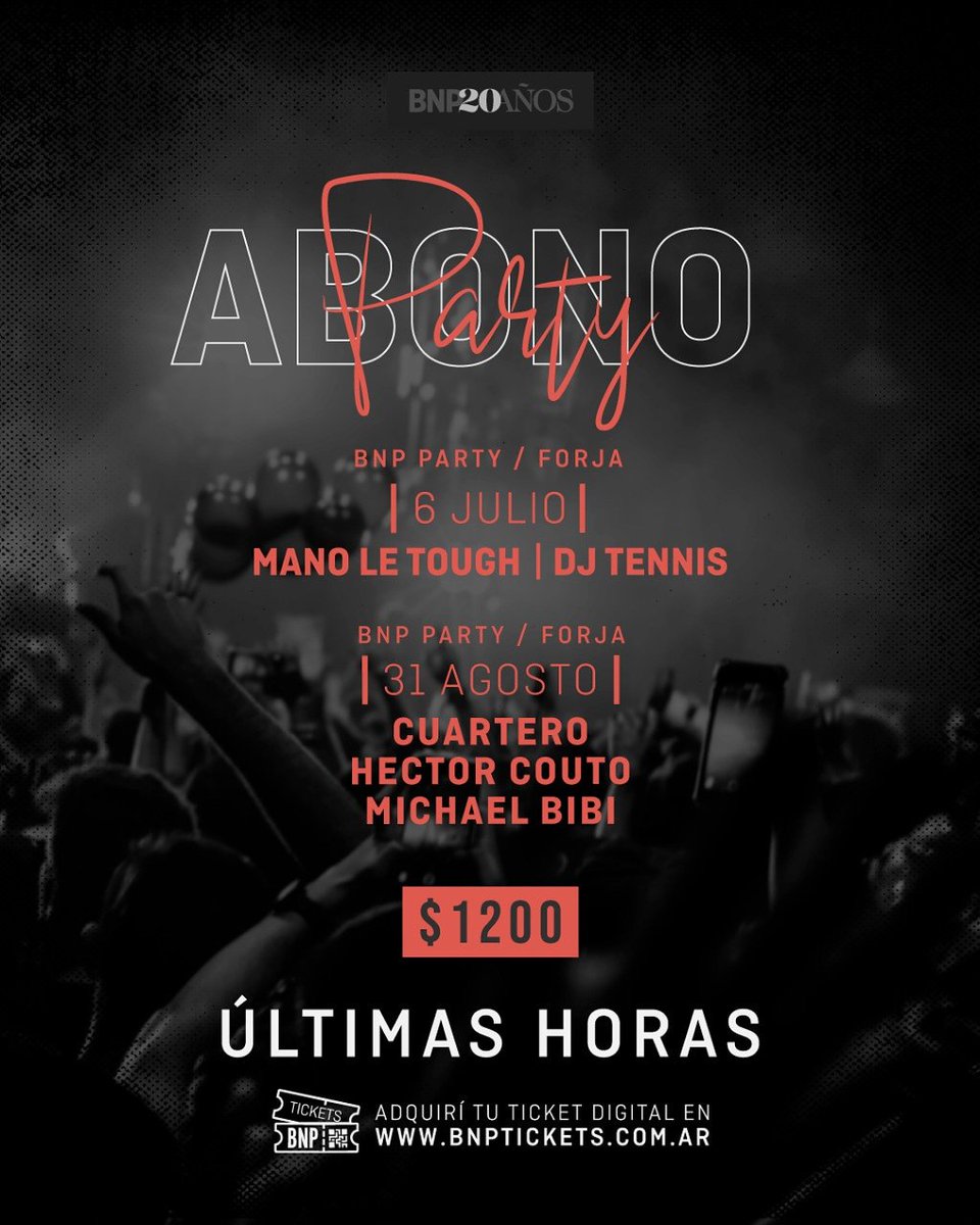 BuenasNochesPro's tweet photo. #ABONO
ÚLTIMAS HORAS para adquirirlos en https://t.co/3UY3iD0Drj a precio promocional a los abonos.
-
#BNP20AÑOS presents
ABONO PARTY
▫6 de Julio
Mano Le Tough / DJ Tennis
#BNPFORJA
▫31 de Agosto
Cuartero / Hector Couto / Michael Bibi
#BNPFORJA
- https://t.co/7UxxyyhQyC