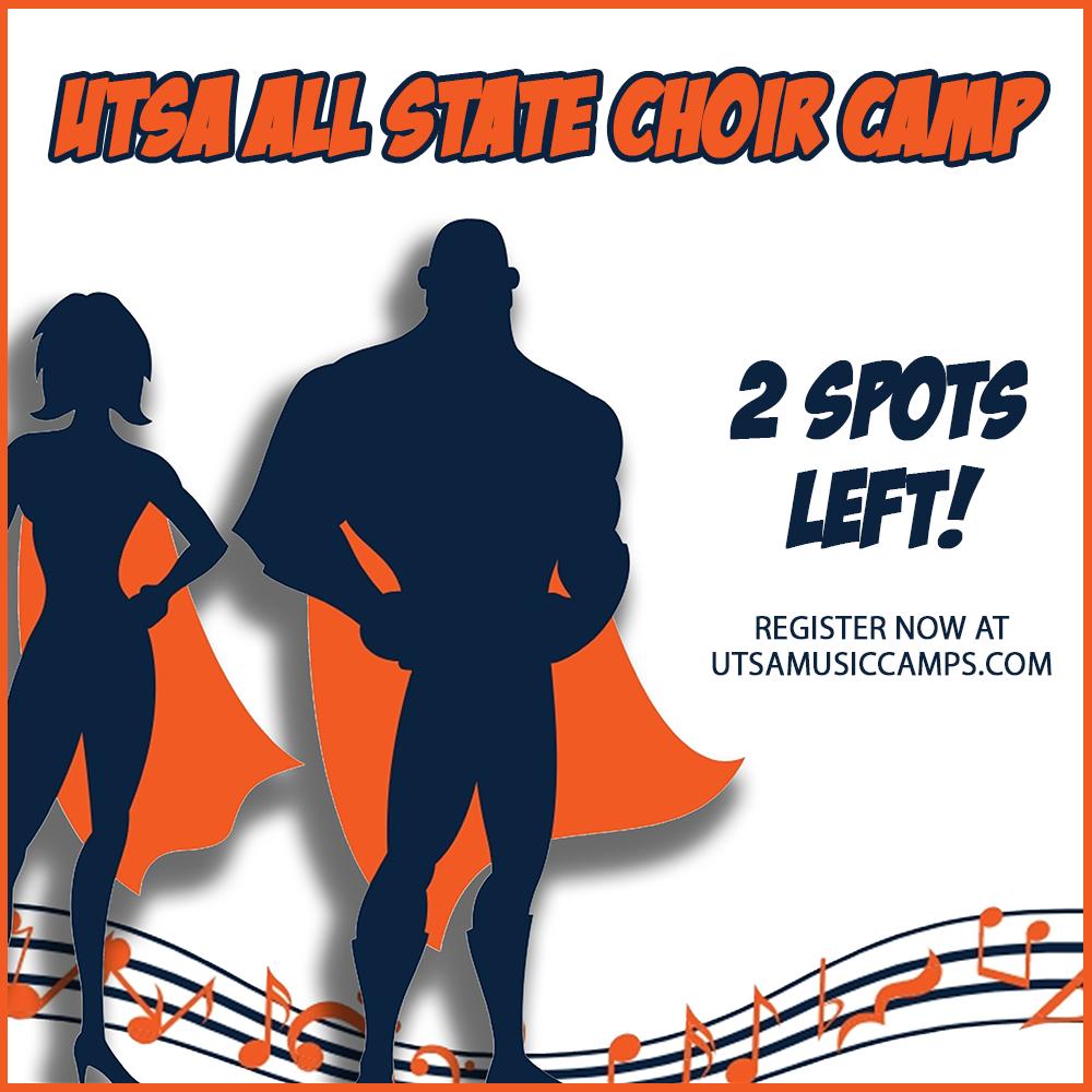 utsachoircamp's tweet image. Okay, campers! This is it - we have just 2 spots left for the 2019 UTSA All-State Choir Camp! Register now at utsamusiccamps.com!