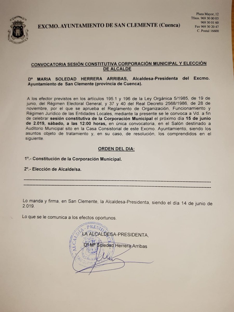 ¡Constitución de la nueva Corporación Municipal y elección de alcalde! 🏫
Mañana sábado 15 de junio a las 12h será el acto en el que tomarán posesión tod@s l@s concejales y alcaldía. #SanClementeEsDemocracia #SanClementeSomosTod@s
