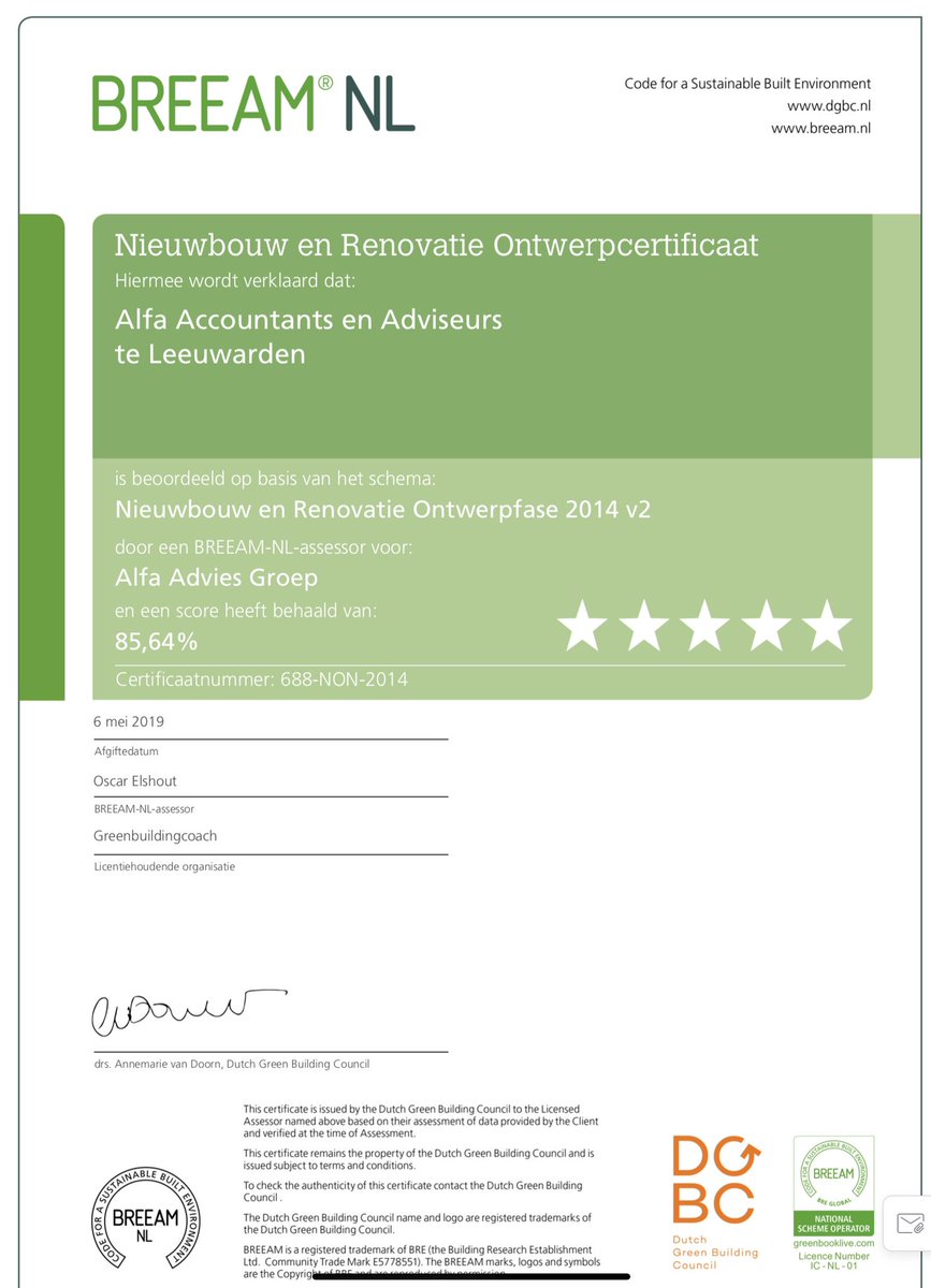 Vandaag ontvingen wij het @BREEAMnl outstanding certificaat voor ons nieuwe pand in #leeuwarden. Morgen is ons pand te bezichtigen tijdens de #dagvandebouw . Top <a href="/Alfafryslan/">Alfafryslân</a> <a href="/Siccojouke/">Sicco de Vries</a>