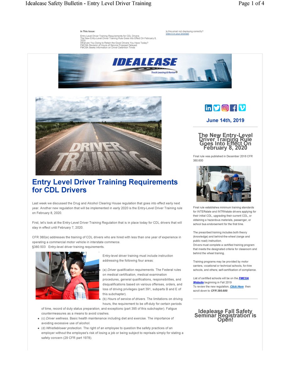 IdealeaseInc's tweet photo. #SafetyBulletin - Entry Level Driver Training
https://t.co/TpZ42yJEqW
#driver #training #entryleveljobs #requirements #fmcsa https://t.co/WAzbqa8LW2