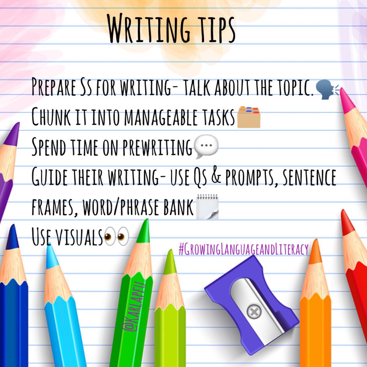 karlapfu's tweet photo. Some #Writing tips I use&amp;are explained in #GrowingLanguageandLiteracy 
#ELs need to experience Eng by speaking, listening, reading, &amp;writing about topics. It’s a must to spend time developing #Backgroundknowledge to facilitate their learning&amp; see what they #Cando #Ellchat_BkClub https://t.co/nMiBoLSx7Z