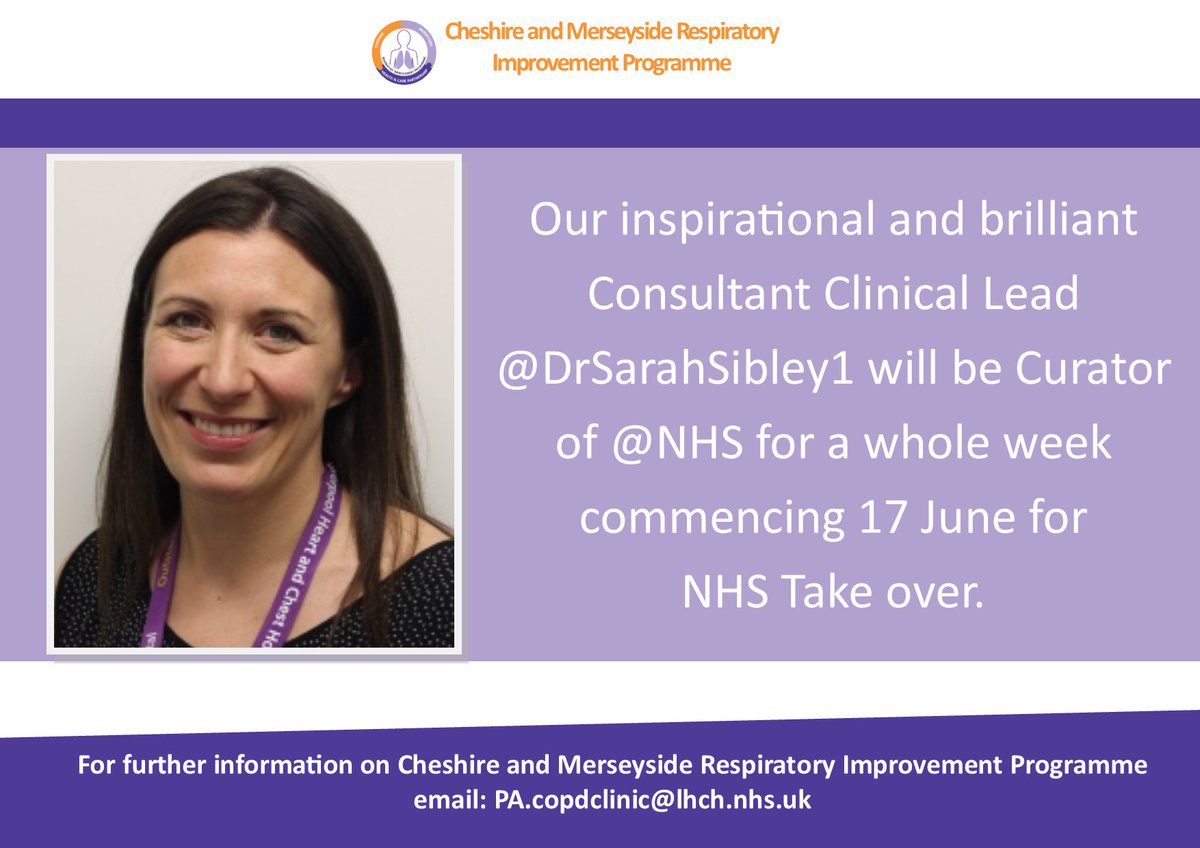 CM_Respiratory's tweet photo. We are so excited for @DrSarahSibley1 to commence her week long @NHS Take over. Be sure to follow to see a snapshot of her work/life from Monday 17th June. #consultant @LHCHFT #nhstakeover #respiratory #curator https://t.co/HIWTBH4b8U https://t.co/oU9u5LlRH0