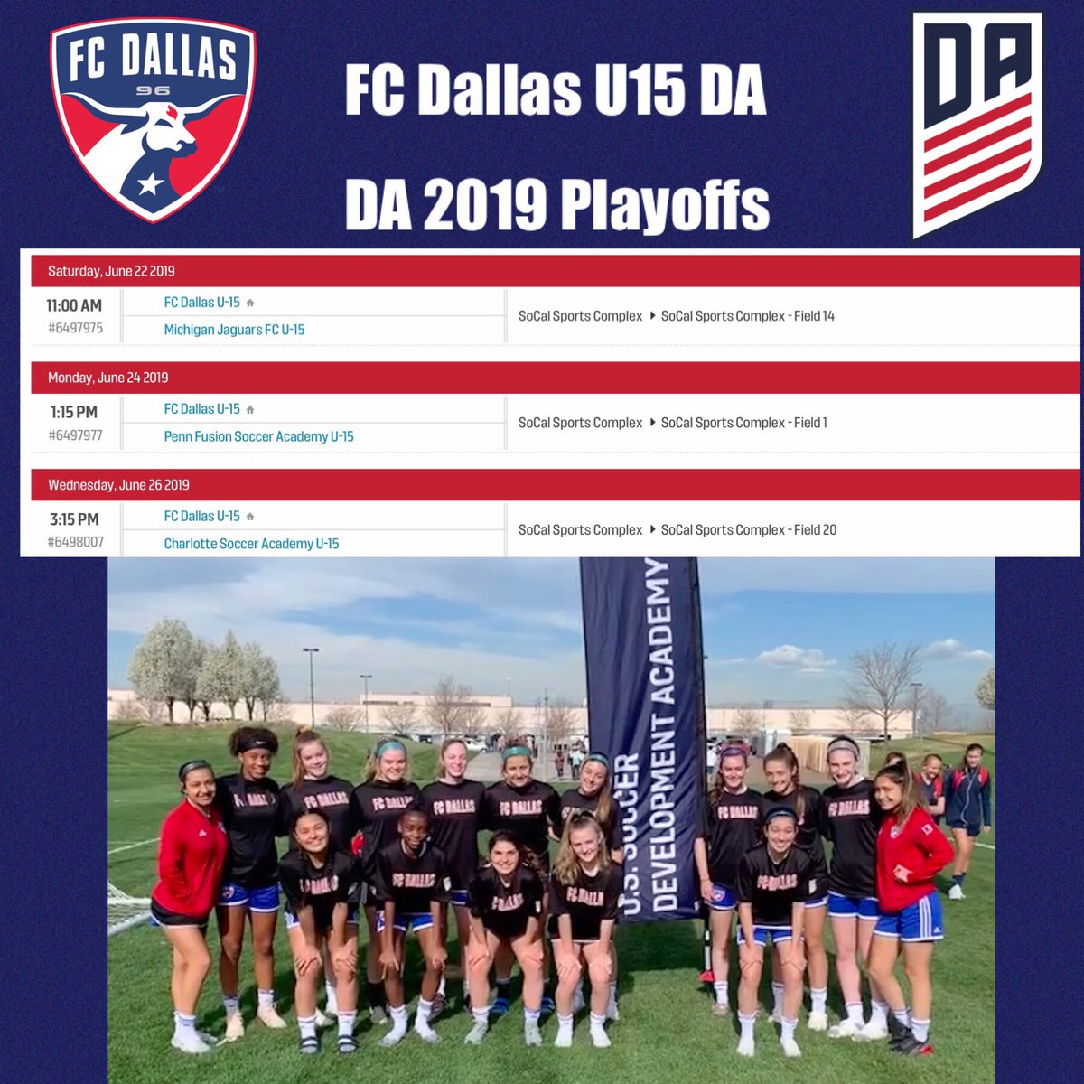Kayla_Sines2023's tweet image. Our #DA2019Playoffs schedule is set!  A competitive group including @CSA_Soccer @PennFusion_SA &amp;amp; @JaguarsDA!  ⚽️ Let’s do this @FCDwomen #FCD04GDA! ✈️#WorldClassDA #PlayoffReady #Soccer #Team #DTID