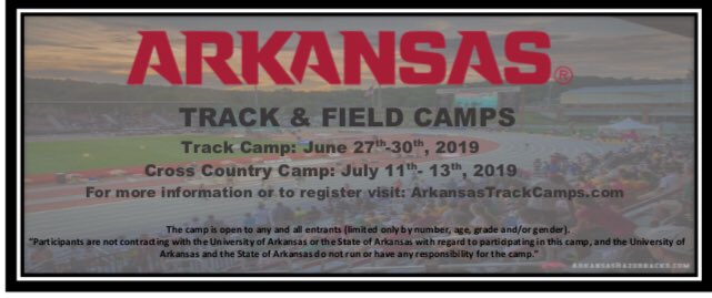 RazorbackTFXC's tweet photo. It's officially summer, which means track &amp; field/cross country camp is right around the corner‼️ Register TODAY for your chance to learn from the best #WoooSpeedSooie🐗

Come learn from the 45-time NCAA Champions! Register 🔗➡️ https://t.co/RJCxjMeegN https://t.co/l4zMZBfeJr