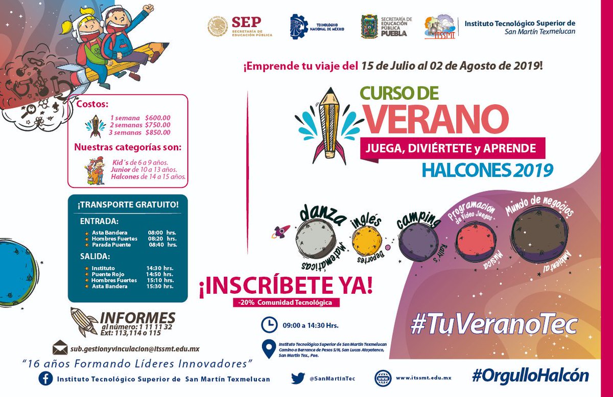 TecNMSanMartinT's tweet photo. El ITSSMT, te invita a formar parte del curso de verano #Halcones2019. ¡Diviértete aprendiendo!
Visita: https://t.co/rX033hCweM https://t.co/tasydlDggn