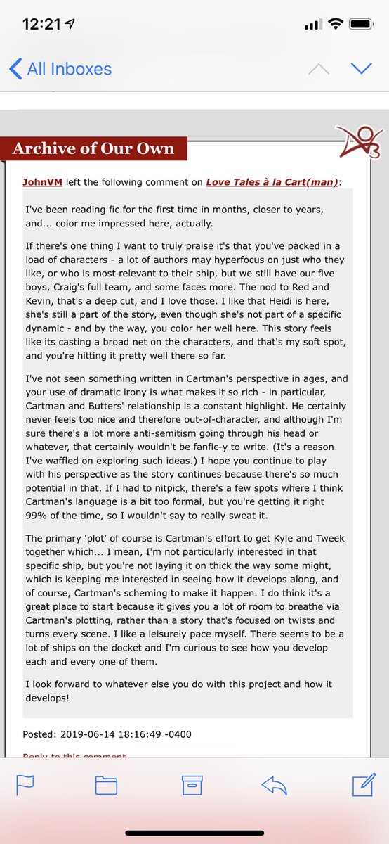katanachan's tweet photo. Hot damn. A well-thought out, review for the Cartman story?
Fam, you know what this means? The second chapter will be coming this weekend most likely.
Ayyyy- reviews make us do stuff. It’s motivation.
#TheElderGays #TEGWrite #writing #reviews #constructivecrit #southpark https://t.co/T1L018NBpX