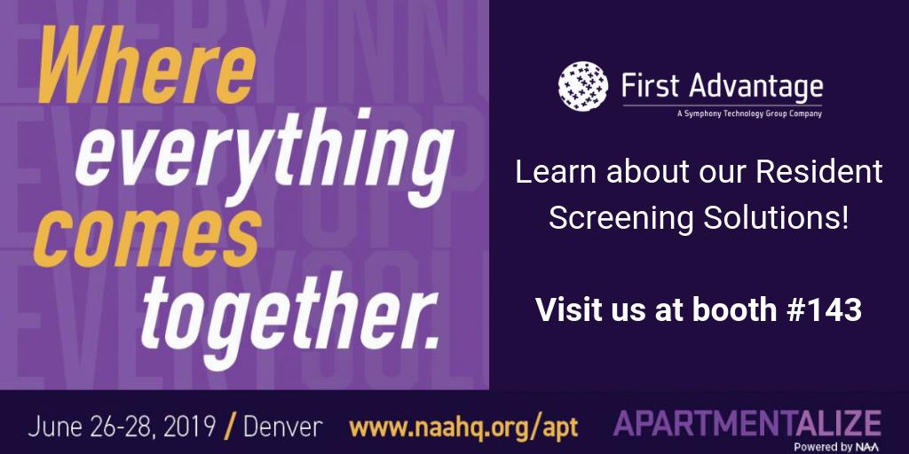 firstadvantage's tweet image. We will be going to @NAAhq Apartmentalize in Denver, CO June 26-28! Make sure to stop by our booth #143 and learn how we can help solve fraud at your communities. | #ResidentSolutions #ResidentScreening #naa #apartmentalize #denver