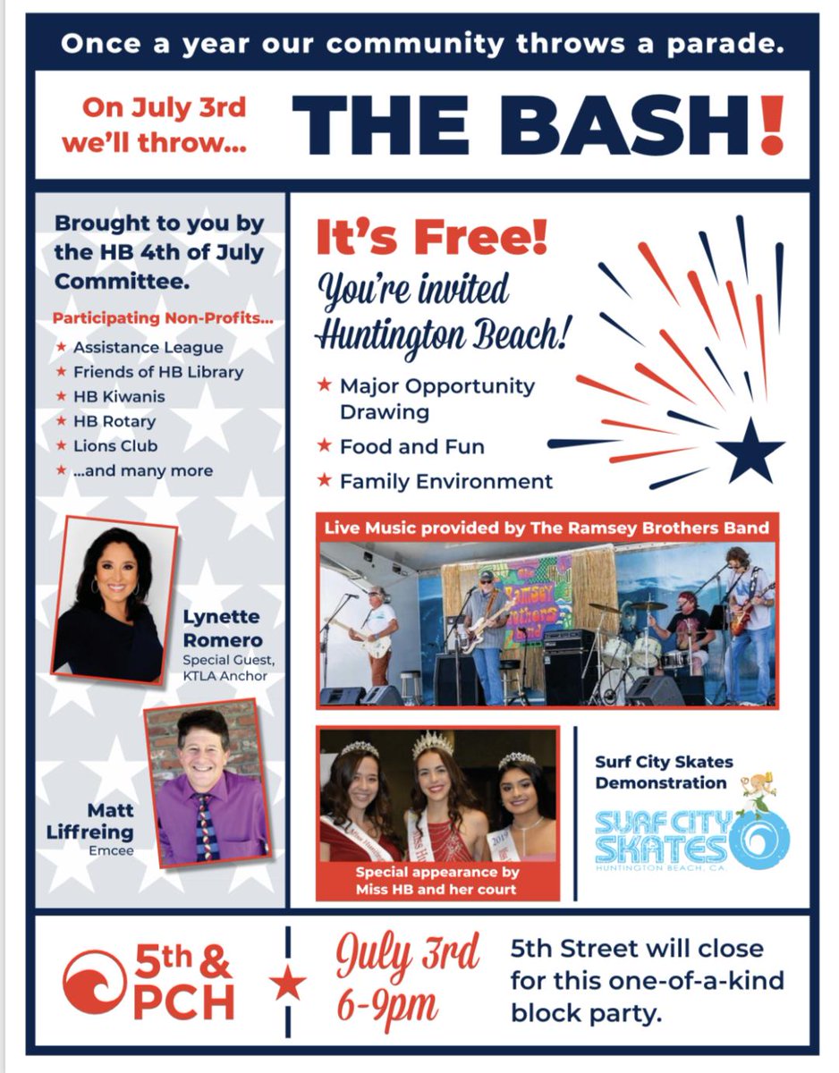 CityofHBPIO's tweet photo. Huge FREE July 3 Community Block Party coming in three weeks! #thebash @5thandpch #hb4thofjuly #surfcityusa https://t.co/5mvQSn2HFg