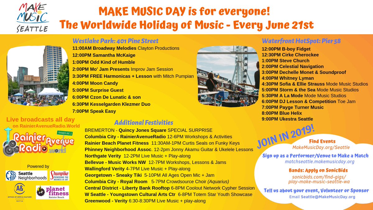 makemusicsea's tweet photo. #MakeMusicSeattle lineup is out!!
Just take the day off next Friday & catch some music!
Thx @RainierAveRadio @SeaNeighborhood @SeattleArts @verityseattle @PlanetFitness @ShunpikeArts @downtownseattle @WaterfrontSEA @KZmusicMedia @seattlefm @4SeattleMusic @KBFG1073 @NW_Music_Scene https://t.co/uMLW7lbT5F