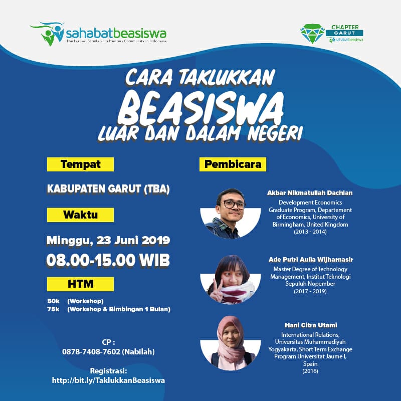 SahabatBeasiswa's tweet photo. Cara Taklukkan Beasiswa Luar dan Dalam Negeri
Terbatas 50 orang!
📆Minggu, 23 Juni 2019 (08.00 – 15.00 WIB)
📍Kabupaten Garut, TBA
📝Registrasi di https://t.co/w3S4sSmWBJ
📱0878-7408-7602 (Nabilah)
#workshop #beasiswa #eventgarut #garut #sahabatbeasiswa https://t.co/db3szbBu6Y