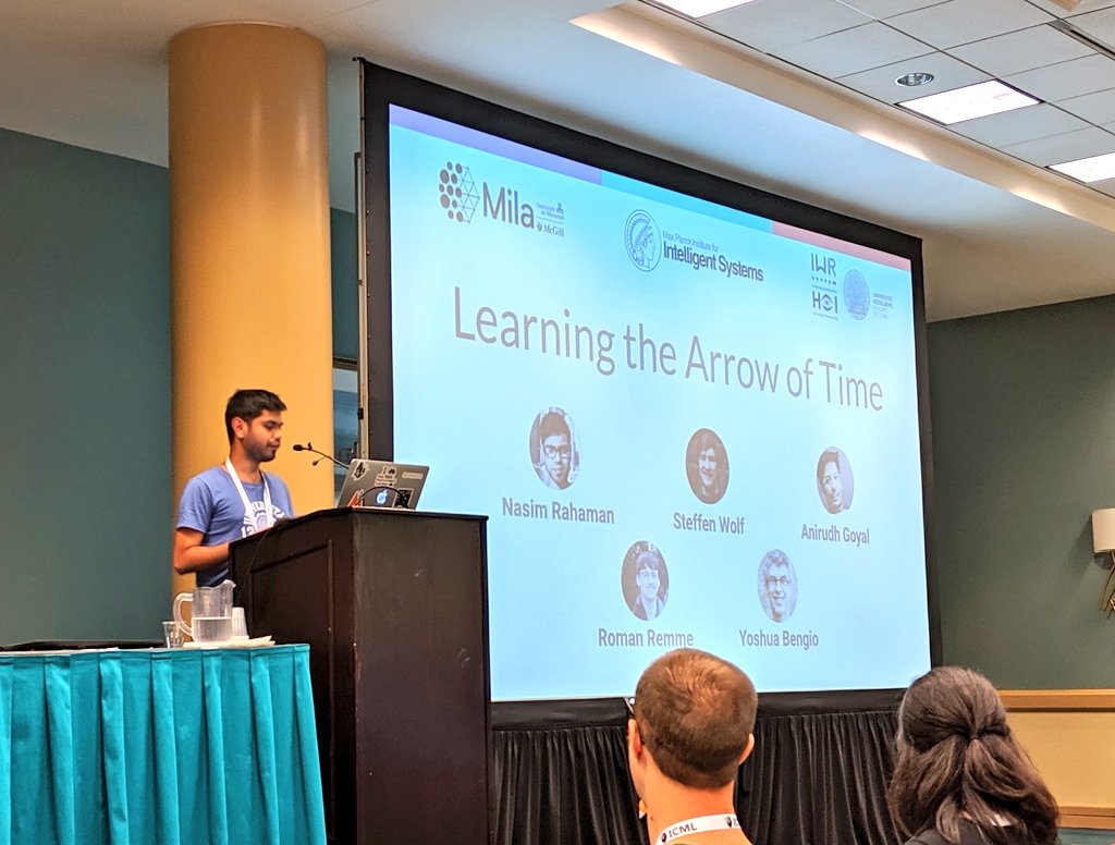 Steffen_RXTX's tweet photo. Side effects may include "Learning the arrow of time". @nasim_rahaman just presented our work at at #ICML2019 https://t.co/u4A02neDvA