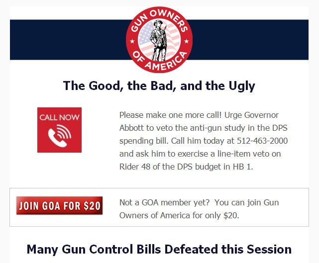 CampusCarry's tweet photo. Why is GOA asking supporters to demand a veto of a Texas budget rider creating a Turn Around Don't Drown-style public information campaign on gun SAFETY?

Do they see it as a threat to gun rights, or are they afraid opponents will claim it as a victory? @DonnaHowardTX @GovAbbott https://t.co/tWJrXtNhTj