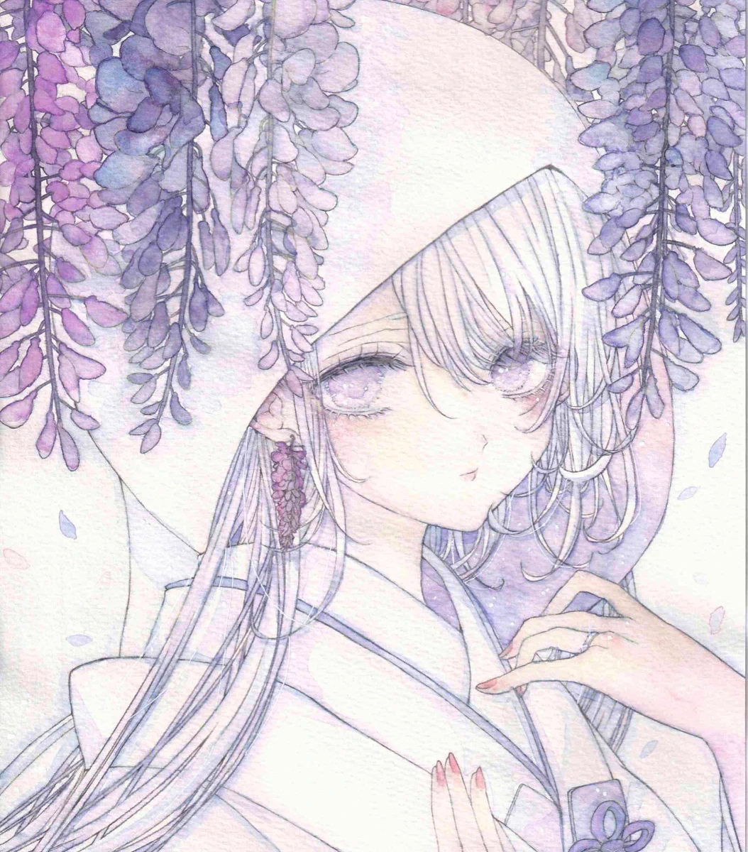 少女漫画 イラスト色紙 藤の花と少女 少女漫画 イラスト色紙 藤の花と少女 女の子 Japanese Wisteria (藤の