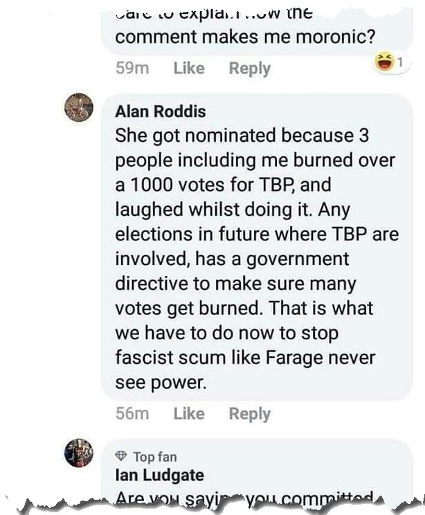 Brexit Party supporters are going into meltdown with numerous accusations of electoral fraud in Peterborough.

Their favourite is a claim made on a Facebook account that 1000 Brexit Party ballots were burnt by someone called Alan Roddis.

#BrexitParty #PeterboroughByElection
