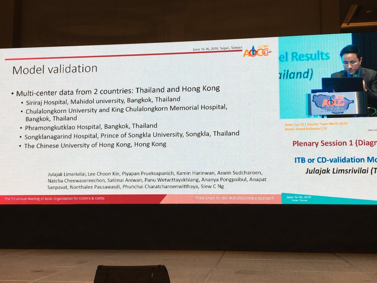 EdwardLoftus2's tweet photo. Dr Julajak Limsrivilai presenting a model to differentiate intestinal TB from Crohns at #AOCC2019 AUROC is about 85% https://t.co/lru9DJemC5