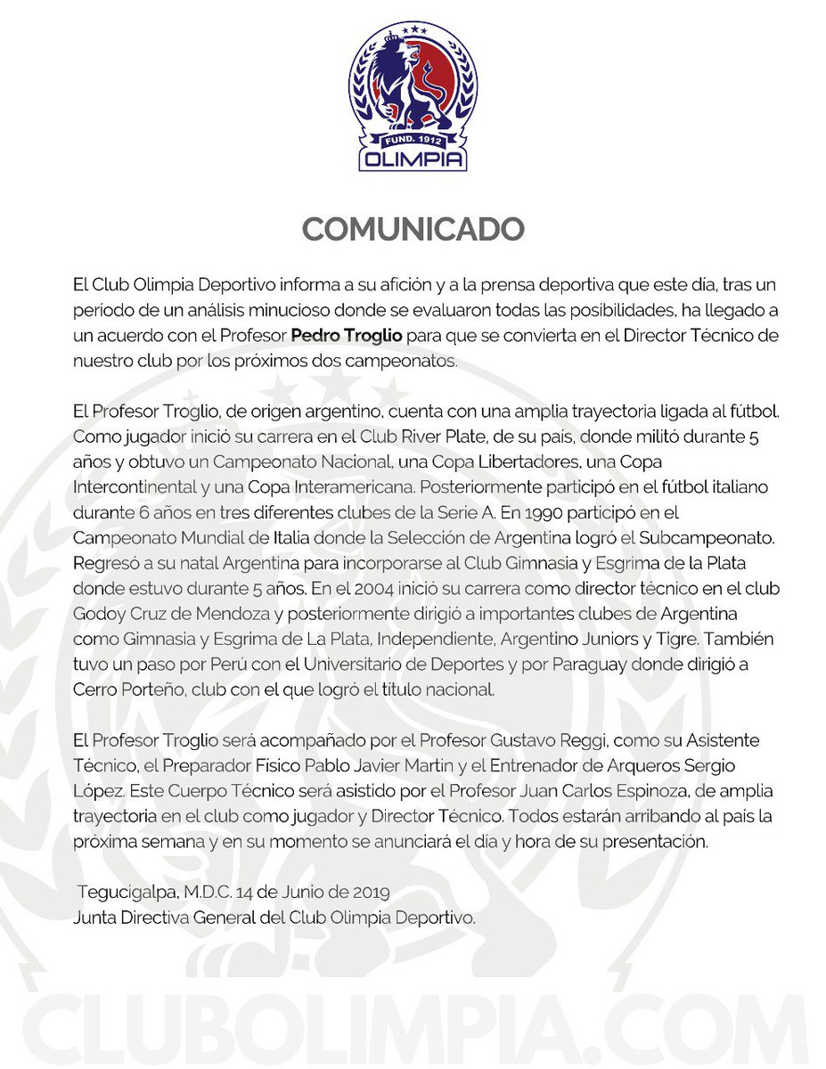 Comunicado del Olimpia sobre la contratación del técnico Pedro Troglio.