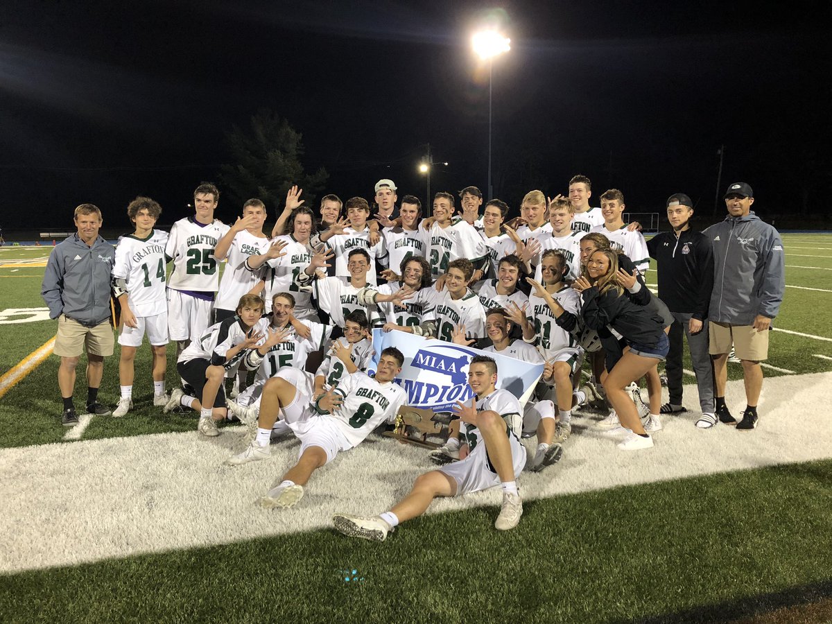 GraftonAD's tweet photo. With the 13-6 victory over St. B’s, this Grafton Lax team has made history with its 5th consecutive C/W D3 District Championship. They advance to the State Semifinals &amp; will face Dracut next Monday out at Concord-Carlisle High School. Way to go boys!! 👊 🥍 🏆 #gogreen #gografton https://t.co/ZnQY2ssBQ1