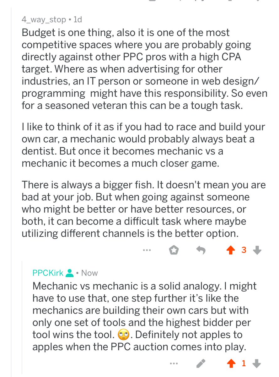 PPCKirk's tweet photo. The attack on PPC agencies who don’t run their own ads: “a good agency would just use PPC to grow their business” is an illogical one. I thought this Redditor did a good job of answering it (and I added my $0.02 in as well). #ppcchat https://t.co/spZwBkQXow