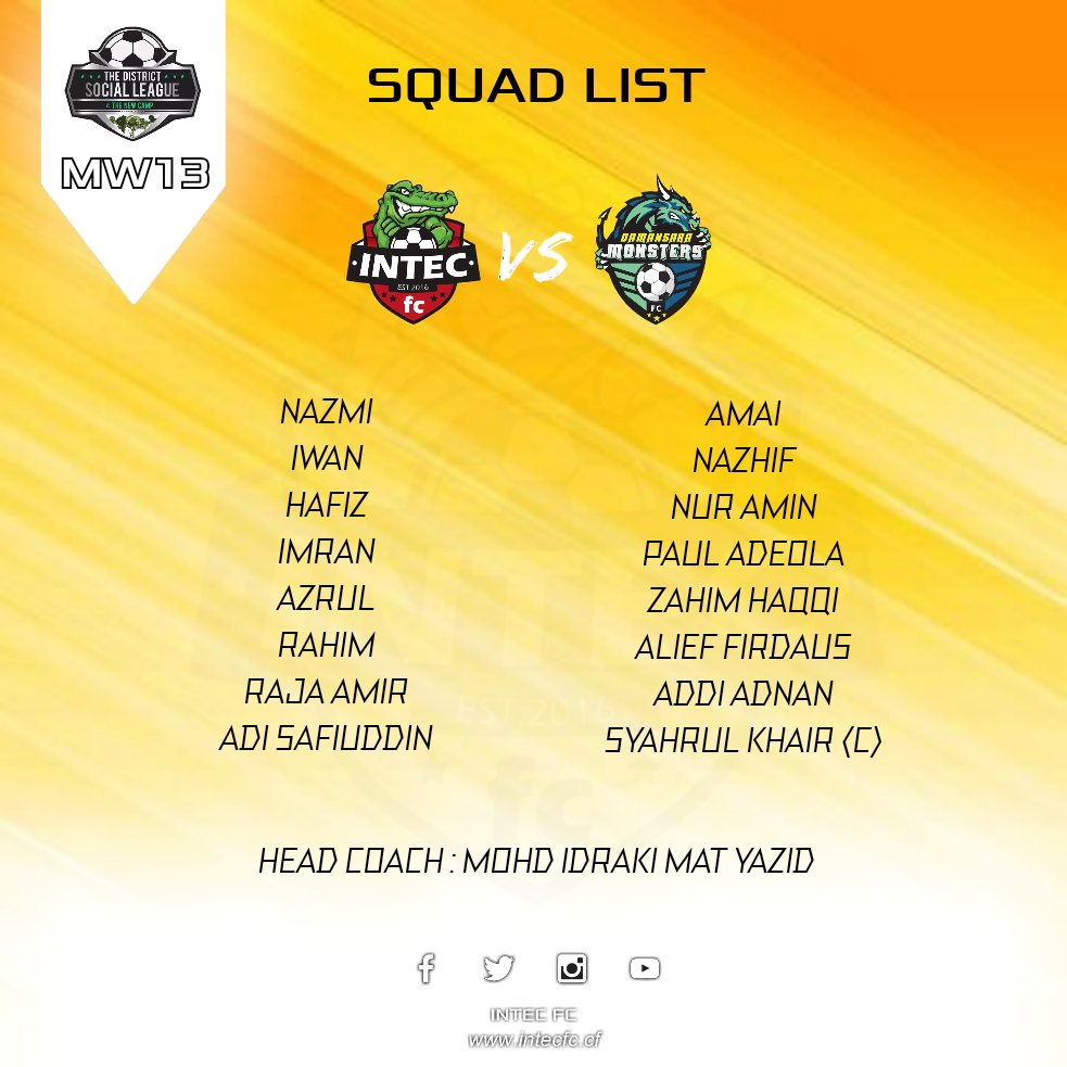 intecfc's tweet image. Today squad list against Monster Damansara
#TheDistrictSocialLeague 
#Misi3Mata
#WeAreTheCrocs