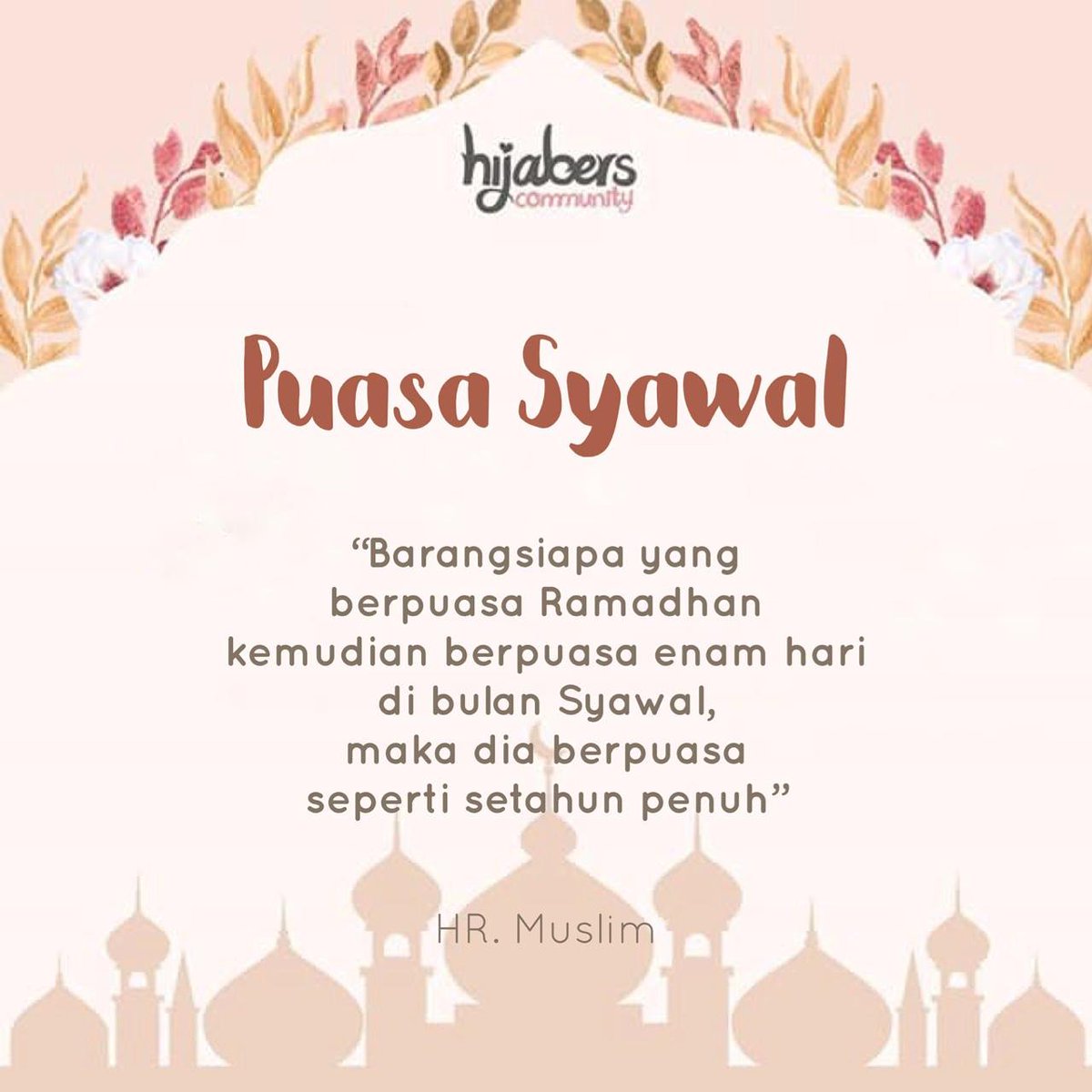 Assallamuallaikum hijabers, setelah bulan ramadhan selesai kita memasuki bulan syawal disunahkan untuk puasa syawal selama 6 hari, dengan demikian pelaksanaan puasa syawal dapat dilakukan mulai hari Kamis (6 Juni 2019). Tetapi di usahakan untuk menunaikan qodho’ puasa dulu ya.