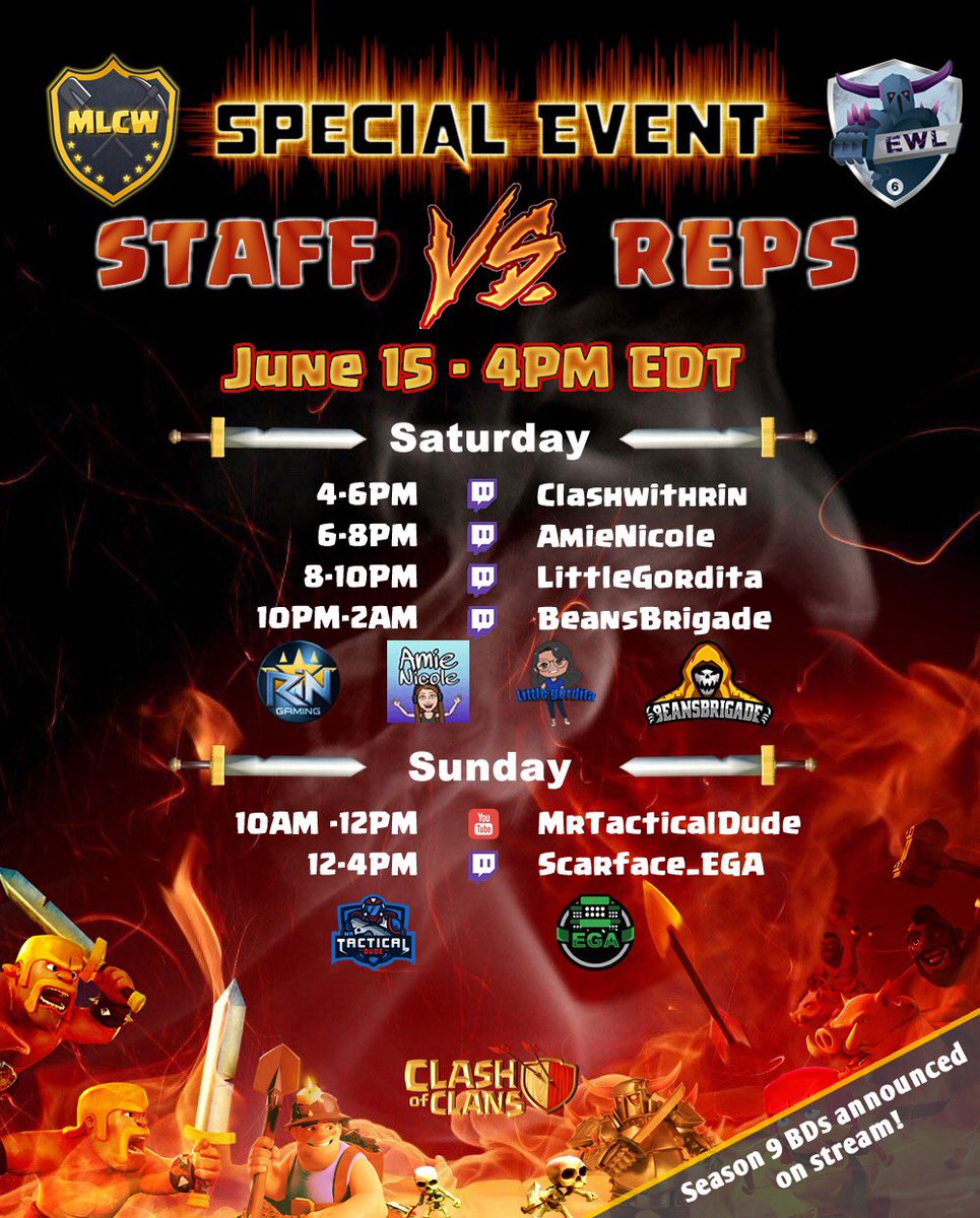 MinerLeagueCW's tweet image. We’re all geared up for the massive MLCW+EWL Staff vs Reps war!
✅ 50v50 war!
✅ EWL+MLCW stream action!
✅ Fight for bragging rights!
✅ Season 9 BDs announced on stream!
❓ Staff winning one in a row! 🌚
Be sure to tune in for some crazy attacks this weekend!