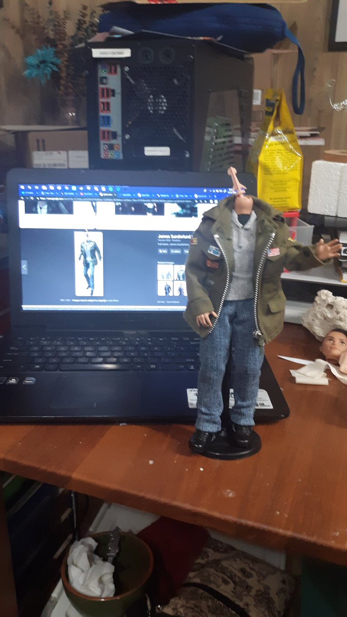 nothisisericab's tweet photo. Working on a custom repaint of James Sunderland from #silenthill 2. The pants and shirt were made by me. I modified a GI Joe jacket and monster high boots. https://t.co/1utFTi1S7U