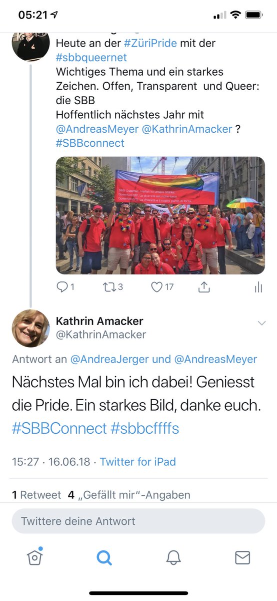 AndreaJerger's tweet photo. Guten Morgen, Heute ist #Pride2019 in Zürich!
Bin mit der #SBBCFFFFS #sbbqueernet unterwegs!
Vielleicht ist sogar @KathrinAmacker dabei!
Wünsche allen eine schöne Pride
#lgbtq https://t.co/5oRMfYEfuH