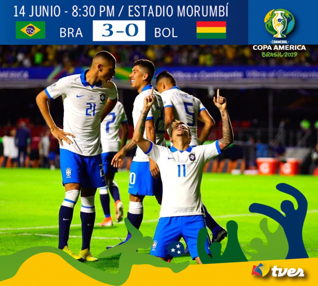 vwinstonv's tweet photo. La Canarinha ganó con 3⃣ goles ante la selección boliviana, durante el 1er partido de la #CopaAméricaXTVES.
#CopaAmerica #TriviaTVES https://t.co/lLeF4LacxB