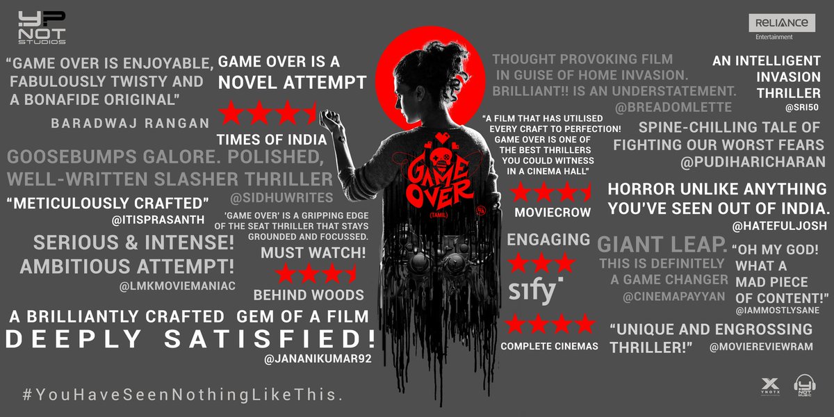 Thank you for loving #GameOver ! #YouHaveSeenNothingLikeThis Book Tickets Now! Tamil ► bit.ly/2wQRQ3L @sash041075 @taapsee @Ashwin_saravana @RelianceEnt @chakdyn @onlynikil