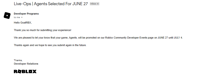 Goatrbx On Twitter So Grateful For The Developer Events Program Can T Wait To See The Program Grow And Agents Get Featured On It Roblox Roblox Robloxdev Https T Co Xj0thvaxq2 - agents codes roblox