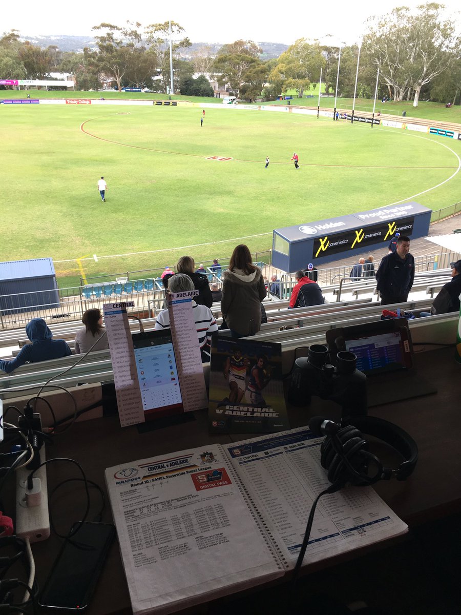PhilHAspinall's tweet photo. Here at @xconvenience Oval to broadcast Rnd 10 action of the @statewidesuper @SANFL season. Join myself and Bernie Mahoney from 2pm on SANFL Radio and the #DigitalPass for a LIVE play-by-play call of the big clash between @Ceeentrals & the @Adelaide_FC State League side #dogsafc https://t.co/aXkN3bdsc2