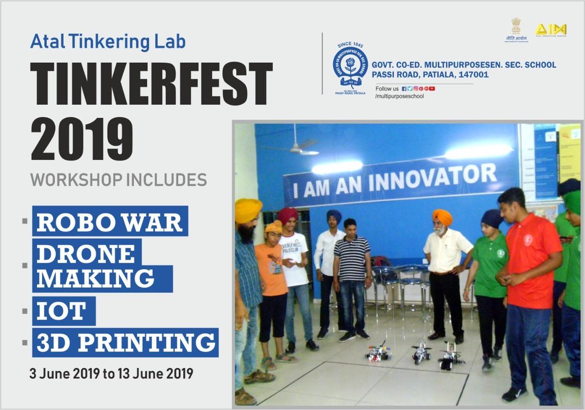 AIMtoInnovate's tweet photo. Democratising opportunities and #innovation for all!

With great enthusiasm and an #AIMtoInnovate, students of Government Multipurpose Senior Secondary School, Patiala, #Punjab, participated in robo wars, #IoT, #drone &amp; 3D printing workshops during their school's #ATLTinkerfest. https://t.co/hQS6gJayol