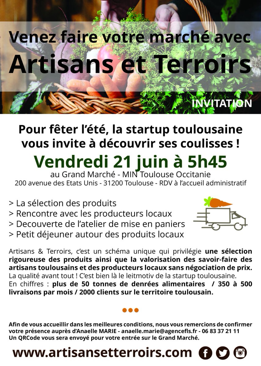 Vous êtes lève- tôt et rêvez de venir faire le tour des producteurs avec nous ? RDV le vendredi 21/06 à 5h45 pour découvrir le carreau du @MinToulouse . On vous dira tout sur nous ! Et après on vous invite à un petit déjeuner chez <a href="/CamilleBaggio/">Camille Baggio</a> ! 6 places disponibles !