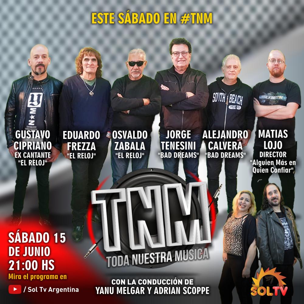 SolTVArgentina's tweet photo. Hoy en #TNM...
• Zabala&amp;Frezza "El Reloj" junto a Jorge Tenesini y Alejandro Calvera de "Bad Dreams" 
• Gustavo Cipriano, ex cantante de "El Reloj" y Matias Lojo, director de "Alguien más en quien confiar"

Desde las 21hs: https://t.co/yMe23AoWMI https://t.co/0VHne8XBFZ