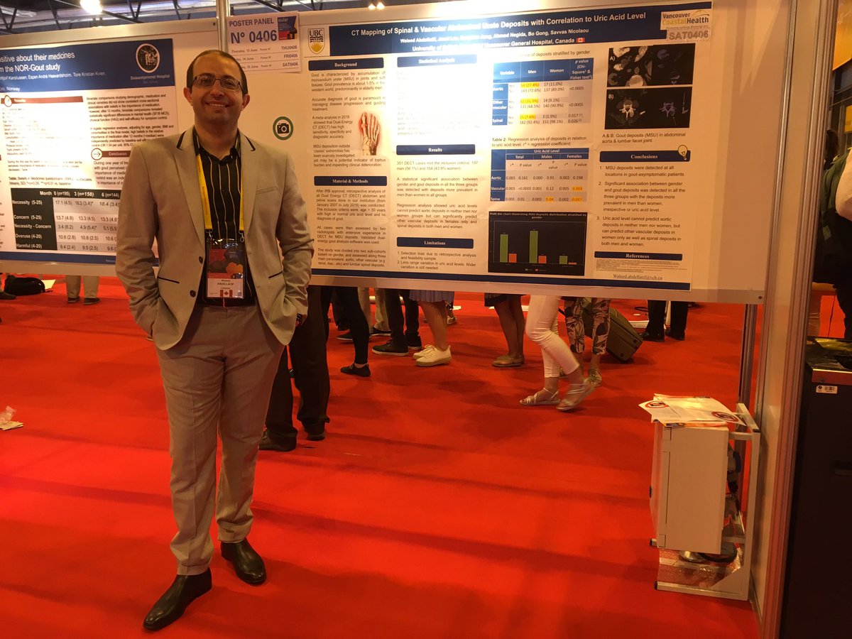 Our second VGH poster &tour #EULAR2019 : “CT mapping of spinal & vascular abdominal urate deposits with correlation to uric acid level”. Had great feedback from rheumatologists and scientists today and interest in future collaboration. @EmergTraumaRad