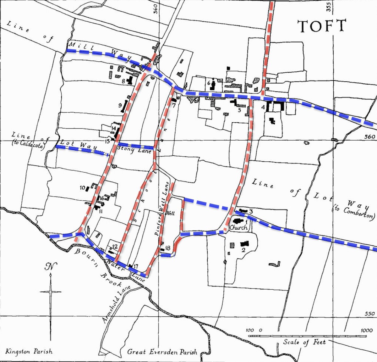 3. ... the central part of the grid had been abandoned leaving the houses around the edge & separate from the church. & it’s true that the village streets do look a bit gridlike but the W/E lines (blue) don’t really join up - so maybe a decayed grid isn’t such a good explanation?